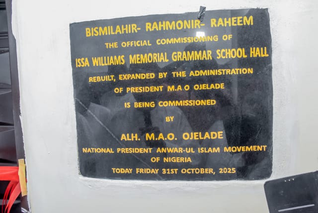 The Issa Williams Memorial Grammar School Hall commissioning plaque — 109th Annual Conference, Issa Williams Hall, Iponri, 31 October 2025.