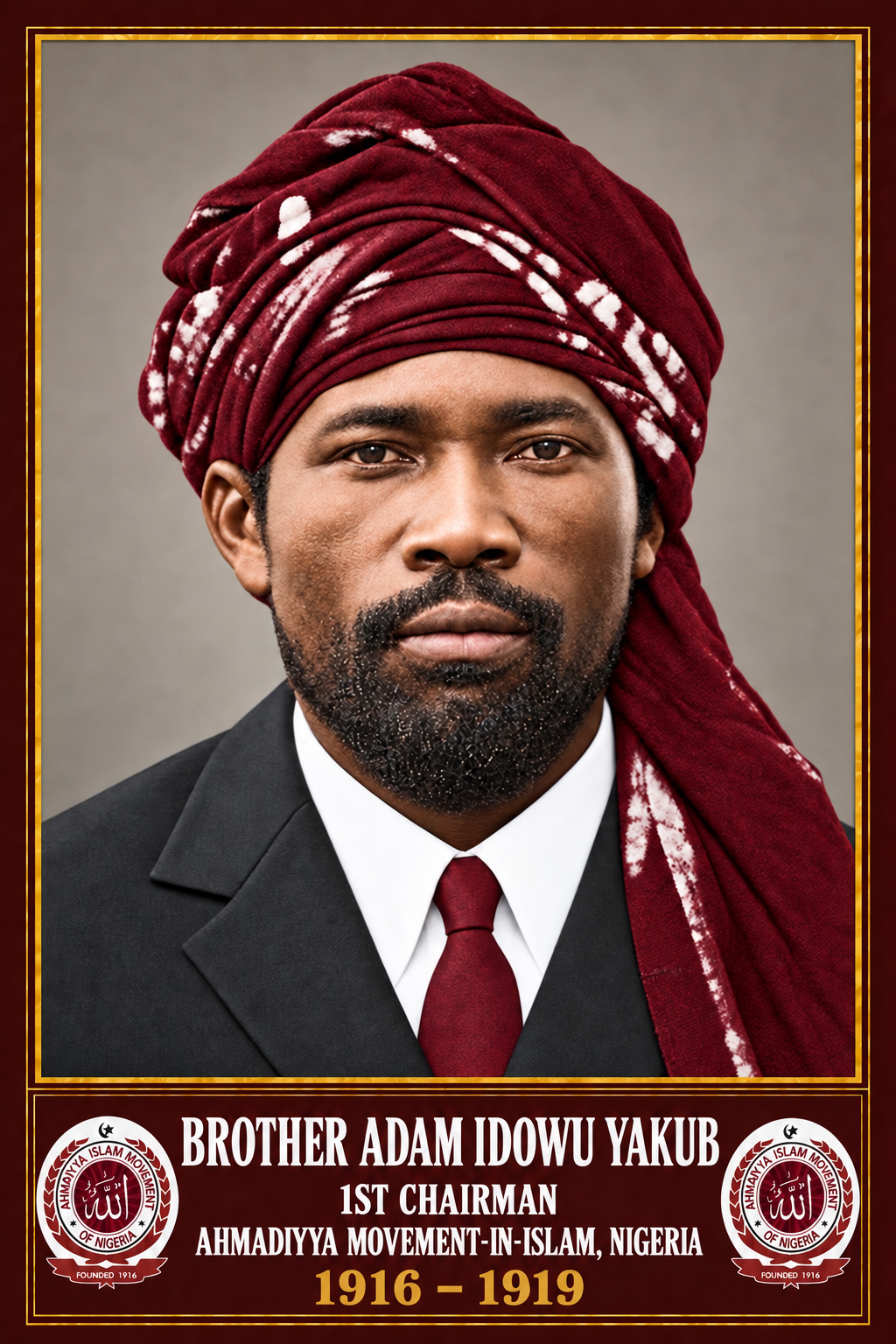 Commemorative portrait of Brother Adam Idowu Yakub, 1st Chairman, 1916–1919