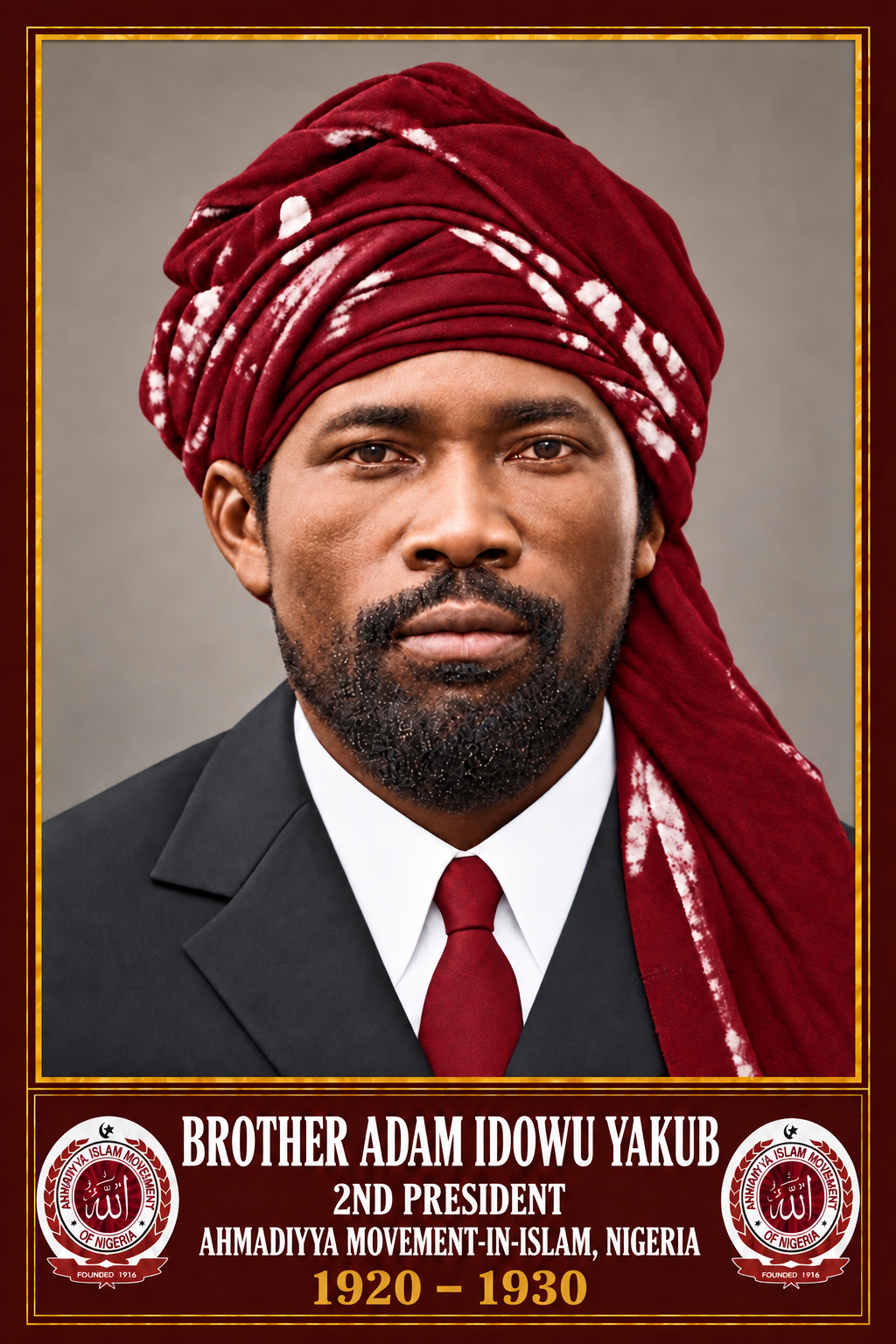 Commemorative portrait of Brother Adam Idowu Yakub, 2nd President, 1920–1930