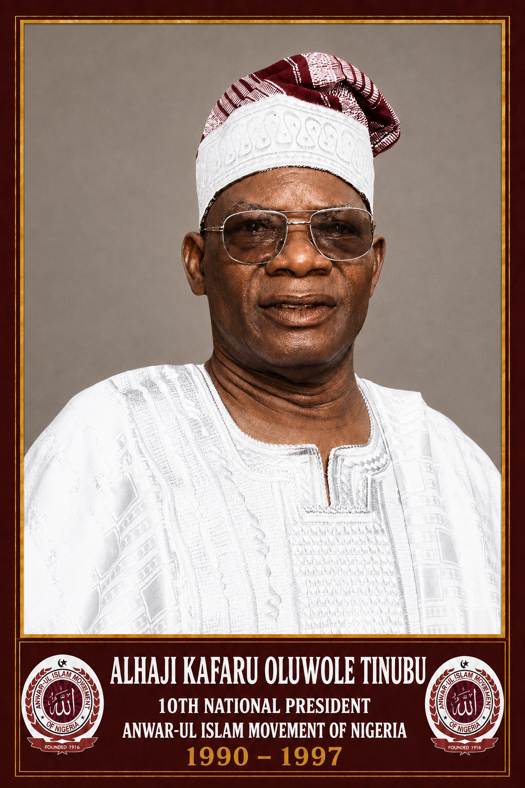 Commemorative portrait of Alhaji Kafaru Oluwole Tinubu, 10th National President, 1990–1997